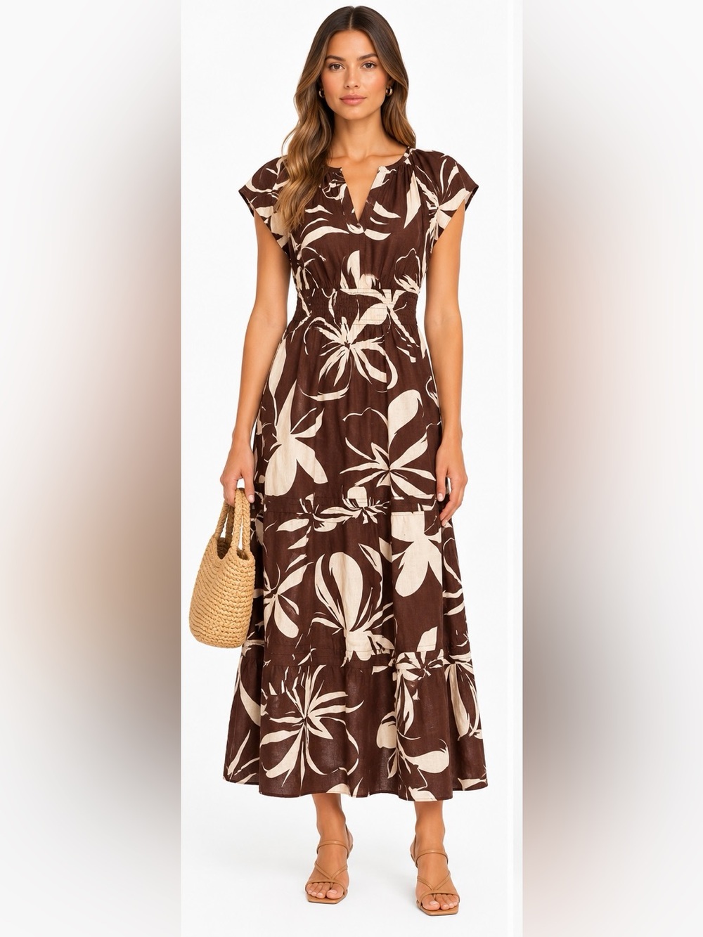 Tahari Brown Cream Tropical Floral Linen Blend Midi Maxi Dress Size M